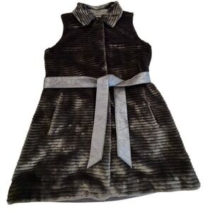 Grass Collection Brown Ribbed Faux Fur Belted Longline Vest SWYLAMBJ Womens M